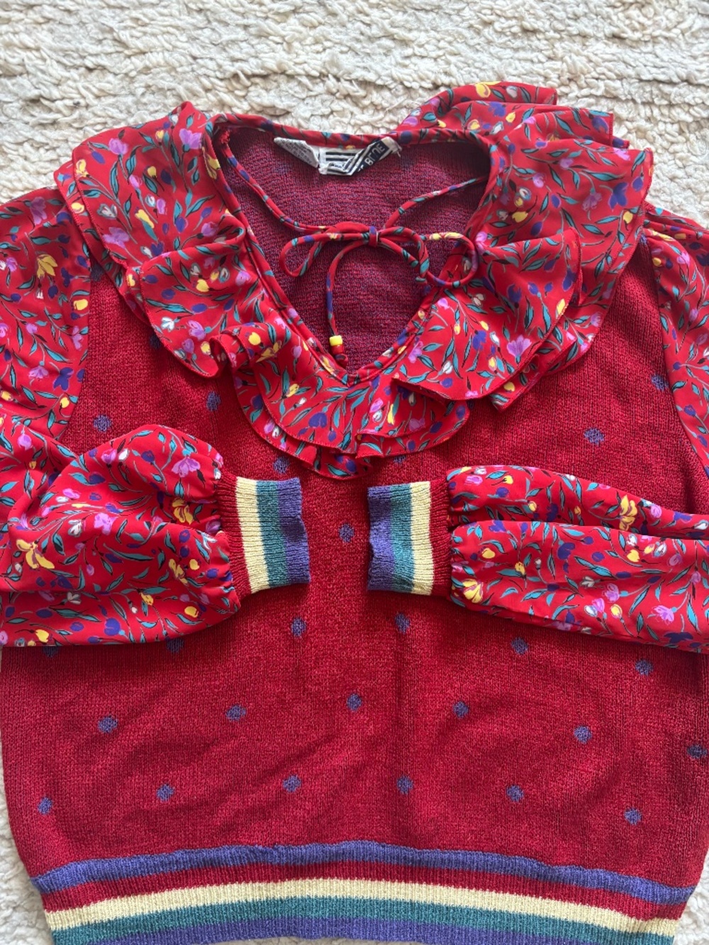 Vintage Gorgeous Sweater Blouse Ruffles Polka Dots and Vibrant Colors Ooak